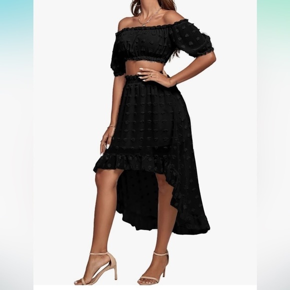 New Lyaner Tulle Polka Dot High Low 2 Piece Set Skirt Crop Top Black Sz M - Picture 4 of 11